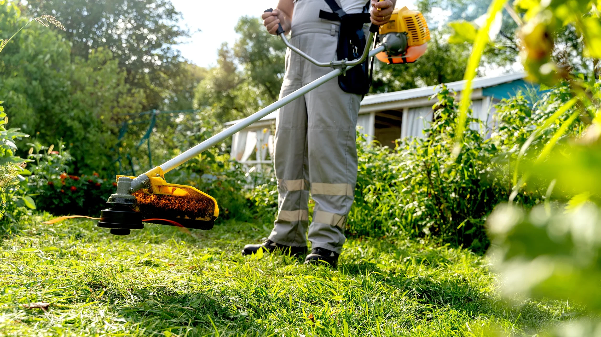 Extérieur, jardin en fin d'hiver, personne en gants blancs tenant branchages secs au-dessus d'un broyeur de végétaux orange